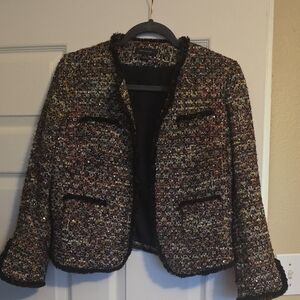 Ann Taylor Multicolor Tweed Open-Front Blazer with Black Trim
